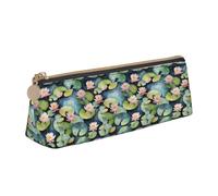 Black Lily Pads Print Stylish High-Capacity Leather Pencil Case Zippered Triangle Pouch Pens Boys Girls