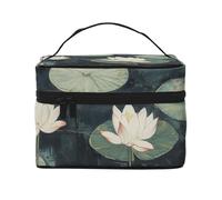 Black Lily Pads Prints Travel Makeup Bag Flip Portable Toiletry Bag with Handle for Women's Travel and Daily Use