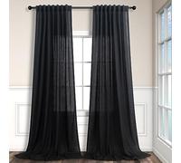 Black Linen Curtains 84 Inch Length for Living Room 2 Panel Back Tab Pocket Muslin Light Filtering Semi Privacy Thick Sheer Floor Length Curtain for Mens Bedroom Man Cave Modern Farmhouse Gothic Decor