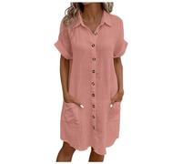 Black Linen Dress Shirt White for Women Striped Lapel Button Down with Functional Pockets Short Sleeve Denim Summer Dresses Womens UK Through Cotton Women’s Front Pleated Pink #4 L