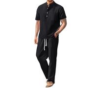 Black Linen Pants Men 2 Pieces Linen Set Casual Short Sleeve Henley Shirts Beach Yoga Pants Summer