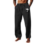 Black Linen Trousers Men, Mens Linen Trousers Cotton Jogging Bottoms Coconut Tree Print Casual Summer Pants with Pockets Loose Fit Drawstring Trouser Comfortable Lightweight Pant