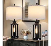 Black Living Room Lamps Set of 2, 3 Way Dimmable Touch Control Farmhouse Table Lamps with 2 USB Ports, Retro Bedside Lamp with 2 LED Nightlight,Rustic Bedroom Lamp for Nightstand(4 LED Bulbs Included)