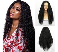 Black Long Deep Curly Synthetic Wig For Women, Middle Part African Style Heat Resistant, Fluffy Natural Daily Wear