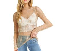 Black Long Sleeve Mesh Top Mesh Tops for Women Uk Long Sleeve Plus Size Glitter Crew Neck Sheer Top Sexy See Through Solid Soft Net Lace Blouse Breathable High Elasticity See Through Beige m