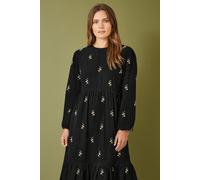 Black Long Sleeve Midi Dress With Floral Embroidery Yumi Black 12