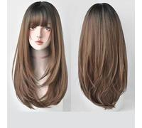 Black Long Straight Hair With Full Bangs, Natural Wig For Women, Honey Tea Brown, Straight Hair With Inner Buttons, Dyed Black On The Top Of The Head
