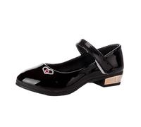 Black Low Heel Princess Style Girls School Shoes Patent Leather Slip-On Walking Shoes - Kids Footwear with Hook-and-Loop Strap for Parties/Weddings/Dance UK Size 9