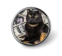 Black Lucky Cat Money Dollar Round Brooch Pin Lapel Pins Tie Suit Dress Accessories Wedding Birthday For Men Women