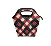 black lunch bag with Curved handle large lunch box Water-Resistant beach cooler bag for Hiking Camping Buffalo Plaid Check Black and Red