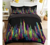 Black Luxury Bedding Sets Duvet Cover Neon Skyscrapers Lines Soft, Fluffy, Breathable, No Ball, Fluorescent Punk Modern Bedding Trendy Fashionable Edgy Duvet Cover 230 x 230 for Boys & Girls