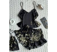 (black, M) Elegant Floral Print Cami Tops Ruffle Hem Shorts Pajama Set Women's Sleepwear Loungewear