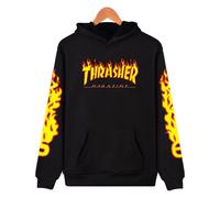 (BLACK, M) Men Women Thrasher Flame Pullover Hoodie Sweaters Skateboard Sweatshirt hot