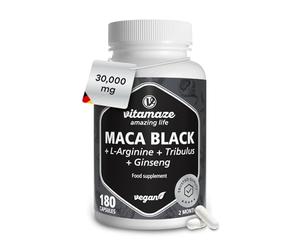 Black Maca, Maca Root Extract 30.000 mg with Tribulus + L-Arginin + Ginseng + Zinc + B-Vitamins,180 Capsules High Strength, Vitamaze