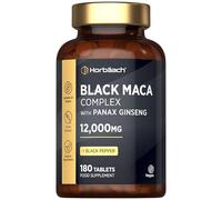 Black Maca Root 12,000mg with Black Pepper & Panax Ginseng | Peruvian Ginseng Supplement Providing Ginsenosides | for Men & Women | 180 Vegan Tablets | by Horbaach