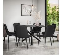 Malvern Round Dining Table And Chairs - Black Table Top w Solid Oak Black Legs + Nova Faux Leather Dining Chair Set Of 6 More4Homes Black One Size