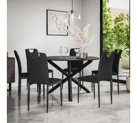(Black) Malvern Round Black Dining Table Set w Black Oak Legs w 4-6 Monza Chairs