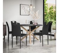 (Black) Malvern Round Black Dining Table Set w Oak Legs w 4-6 Monza Faux Leather Chair