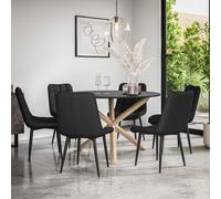 Malvern Round Dining Table And Chairs - Black Table Top w Solid Oak Legs + Nova Faux Leather Dining Chair Set Of 6 More4Homes Black One Size