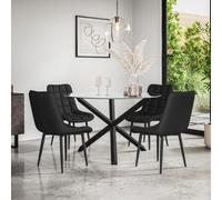 Malvern Round Dining Table And Chairs - Clear Glass Table Top w Solid Oak Black Legs + Nova Faux Leather Dining Chair Set Of 4 More4Homes Black One Size