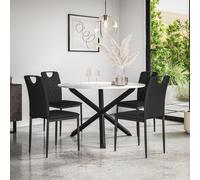 Malvern Round Dining Table And Chairs - Marble Table Top w Solid Oak Black Legs + Monza Faux Leather Dining Chair Set Of 4 More4Homes Black One Size