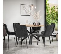 (Black) Malvern Round Oak Effect Dining Table Set w Black Oak Legs 4-6 Nova Velvet Chair