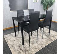 Black Marble Effect Dining Table with 4 Black PU Faux Leather Metal Chairs - Glossy, Fire-Resistant, 120x70x75 cm