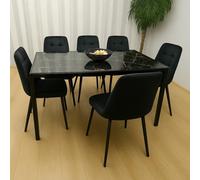 Black Marble Effect Glass Dining Table with 6 Black Velvet Chairs