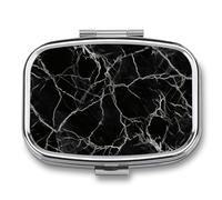 Black Marble Pill Box 2 Compartment, Portable Pill Case with Mirror for Pocket Purse Travel, Mini Metal Medicine Organizer for Vitamins Fish Oil