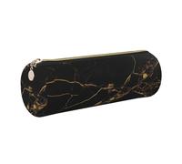Black Marble Printed Cylindrical Leather Pencil Case for Girls Boys, Gold Zipper Pencil Bag Pen Pouch Organizer for Student School Office College