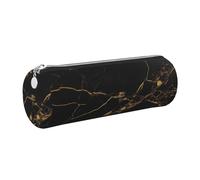 Black Marble Printed Cylindrical Leather Pencil Case for Girls Boys, Silver Zipper Pencil Bag Pen Pouch Organizer for Student School Office College