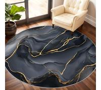 Black Marble Round Rug 210cm, Marble Circle Rugs, Golden Cracks Rug, Washable Round Carpet for Kitchen Dining Living Room Bedroom Under the Coffee Table