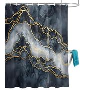 Black Marble Shower Curtain for Bathroom, Modern Abstract Art Black Gold Lightning Wave Lines Stripe Waterproof Cloth Fabric Bathroom Accessories Set with 12 Rust Proof Plastic Hooks, 72” x 72”