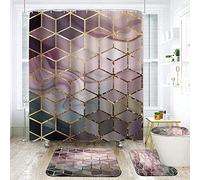 Black Marble Shower Curtain with Bath Rugs Sets, 4 Pcs Marble Patterns Bathroom Décor with Toilet Seat Cover, Non-Slip Mats, Absorbent Pedestal Pads and Waterproof Shower Curtains + Hooks (Violet)