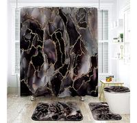 Black Marble Shower Curtain with Bath Rugs Sets, 4 Pcs Marble Patterns Bathroom Décor with Toilet Seat Cover, Non-Slip Mats, Absorbent Pedestal Pads and Waterproof Shower Curtains + Hooks (Purple)