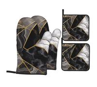 Black Marble Texture Gold Oven Mitts And Pot Holders 4 Pcs Set - Anti-Skid Oven Gloves, Insulated Microwave Oven Mitts And Cooking Mitts For Kitchen Baking Bbq Grilling