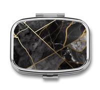 Black Marble Texture Gold Pill Box 2 Compartment, Portable Pill Case with Mirror for Pocket Purse Travel, Mini Metal Medicine Organizer for Vitamins Fish Oil
