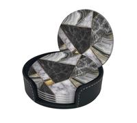Black Marble Texture Gold Print Chic Round Leather Coasters â€“ Set Of 6 Full-Print Coasters In A Premium Pu Leather Storage Box
