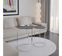 (Black Marble Top with Chrome Legs) 2 Pcs Round Nesting Stackable Sofa Side Bedside End Table Set Wood Top Metal Legs