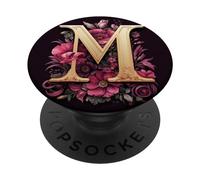 Black Maroon Floral Initial Letter M Monogram Flowers PopSockets Swappable PopGrip