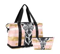 Black Masai Giraffe Pink and Gold Striped Duffel Bags Weekender Duffel Bag with Toiletry Bag for Workout Large Capacity, Black Masai Giraffe Pink And Gold striped, One Size