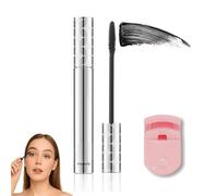 Black Mascara with Tapered Brush and Eyelash Curler, 2-Piece Make-Up Set | Reflective silver-coloured tube, pink curler, compact format, shapes then coats lashes, for daily make-up routines and travel