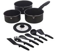 (Black Matt, 5 Pc Saucepan w/ 6 Tools) Aluminium Induction Space Saving Cookware Saucepan Frying Pan Set Detachable Handle with Kitchen 6 Tools