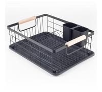 Black Matt Dish Drainer [42.5 x 31.5 x 14 cm] - Drip Tray for Tableware with Wooden Handles - Stainless Steel Dish Rack for Sink, Draining Rack, Cutlery Holder, Dish Rack