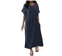 Black Maxi Dress For Women Funeral A Line Dresses Uk V Neck Solid Color Linen Sleeveless Pleated Swing Summer Clothes (Dark Blue, Xxl)