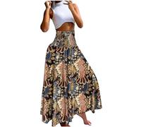 Black Maxi Skirts for Women UK Summer Boho Skirts Pleated Long Gypsy A Line Swing Elasticated Waist Summer Dresses for Beach Holiday Streetwear