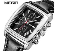 (Black) MEGIR Men's Business Analog Chronograph Luminous Rectangle Quartz Watch with Stylish Leather Strap for Sport & Work 2028