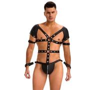 Black Mens Underwear Rivet Sexy Faux Leather Harness Zipper Bondage Bodysuit Bracelet Body Shaper Top Lingeries Plus Size(L)