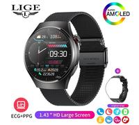 (black, Mesh belt) LIGE New Men Smart Watch ECG+PPG Temperature Detection Heart Rate Health Tracking Smart Bracelet AMOLED 1.43” Full Touch Bluetooth Smart Watch