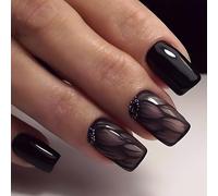 Black Mesh Design Almond Shaped Press on Nails with Full Coverage and Glitter French Tip - Short Square False Nails Set for Easy Application, Long Lasting Wear and Elegant Touch
